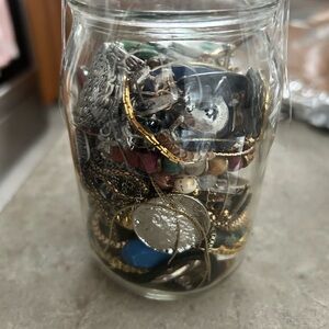 4/$100 Assorted Jewelry in Glass Jar for crafts repairs